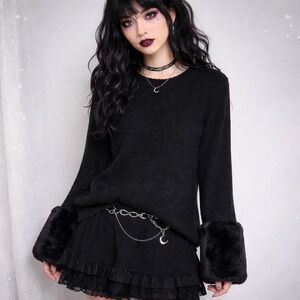 Magaschoni Faux Fur Cuffs Sweater Womens XS Black Knit Ribbed Trim Stretch Soft